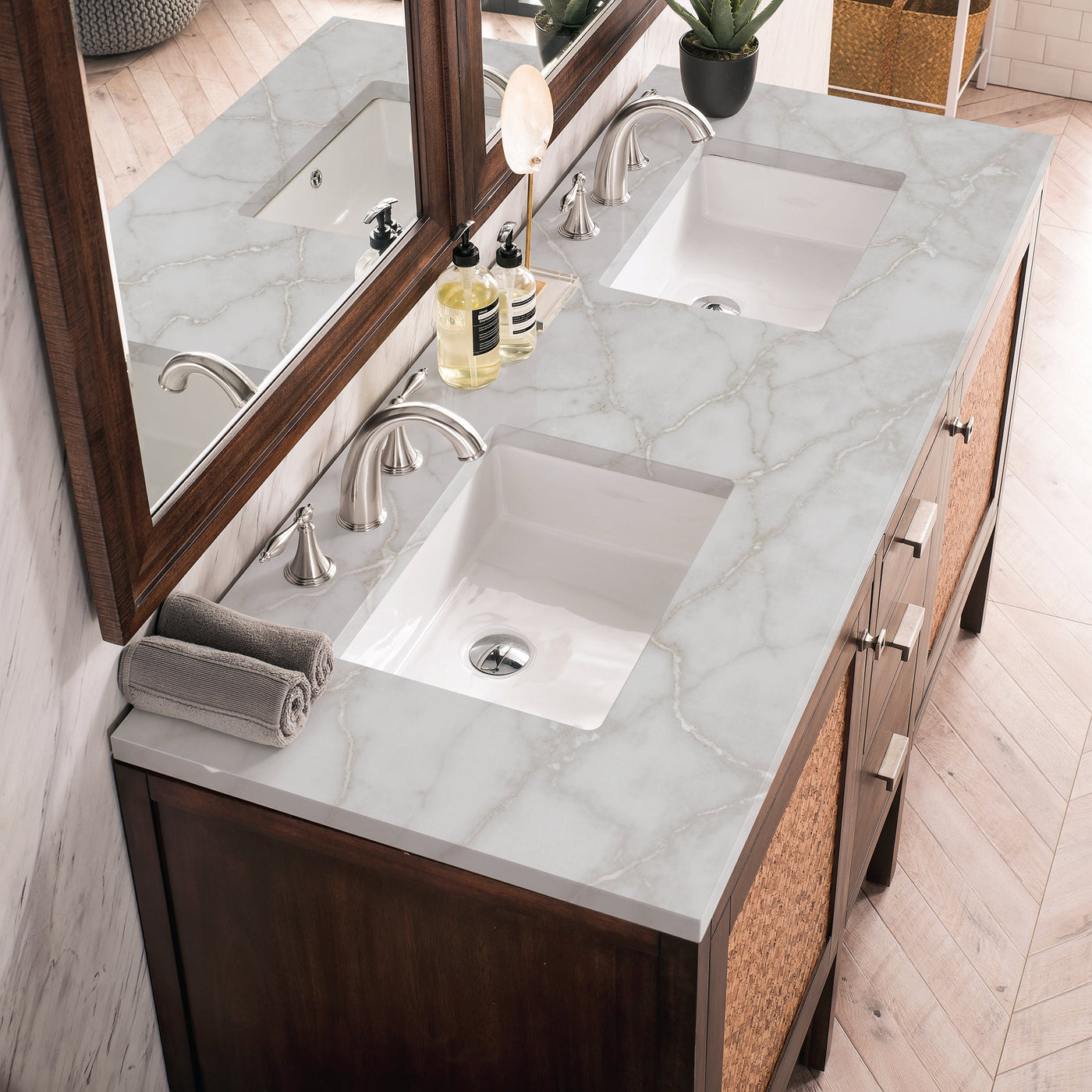 James Martin Addison 60" Single Bathroom Vanity, Mid-Century Acacia with Victorian Silver countertop