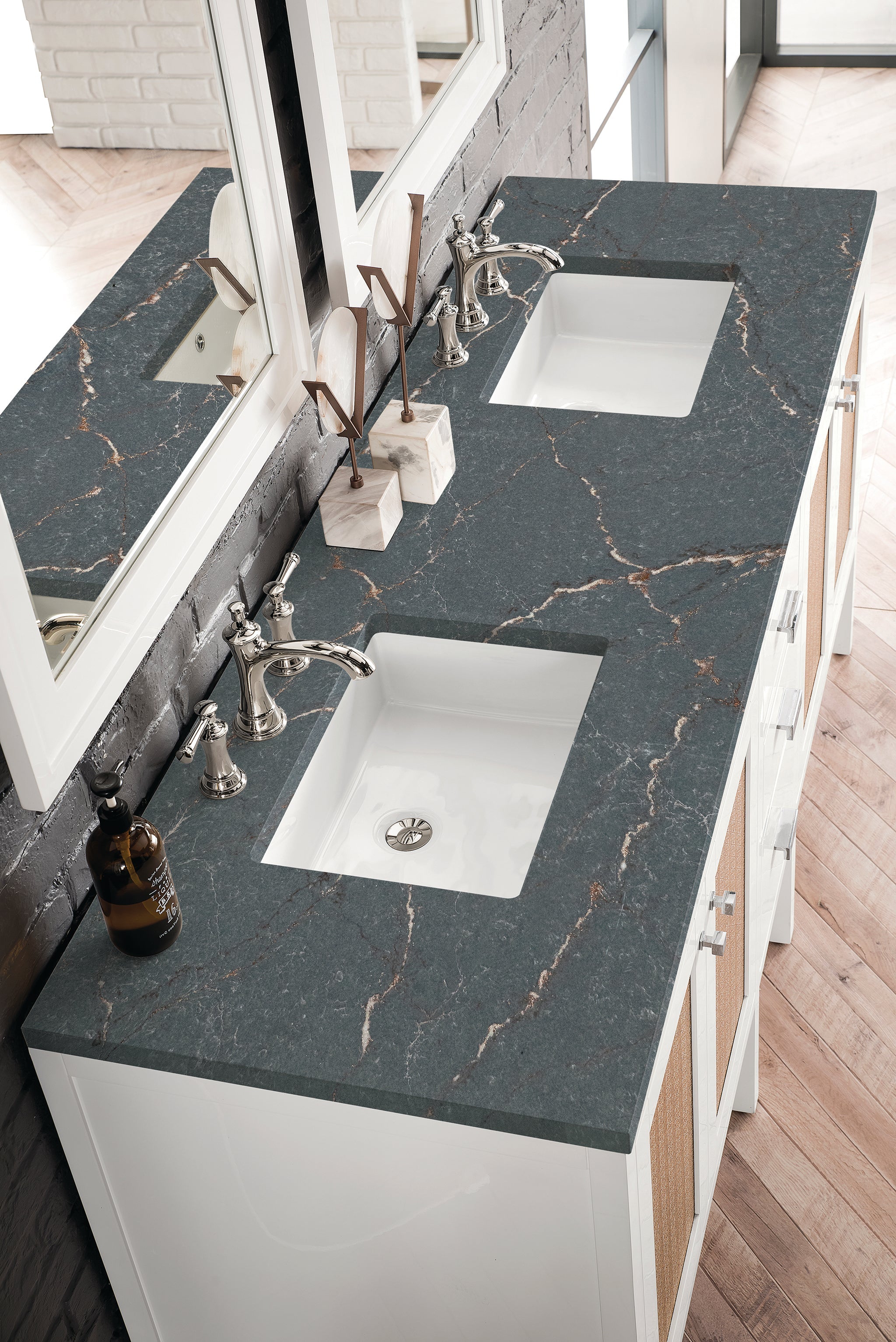 James Martin Addison 72" Double Bathroom Vanity, Glossy White with Parisien Bleu countertop