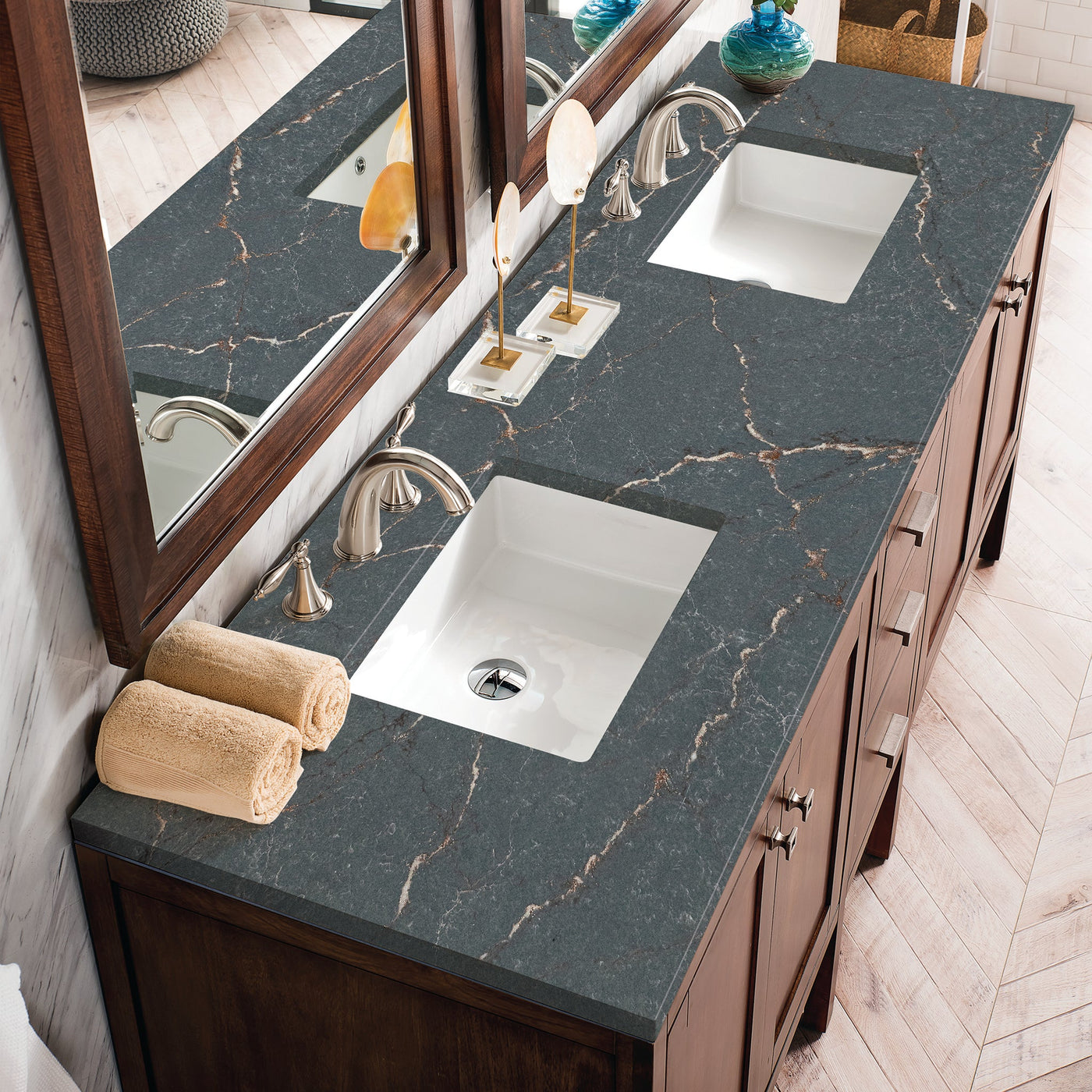 James Martin Addison 72" Double Bathroom Vanity, Mid-Century Acacia with Parisien Bleu countertop