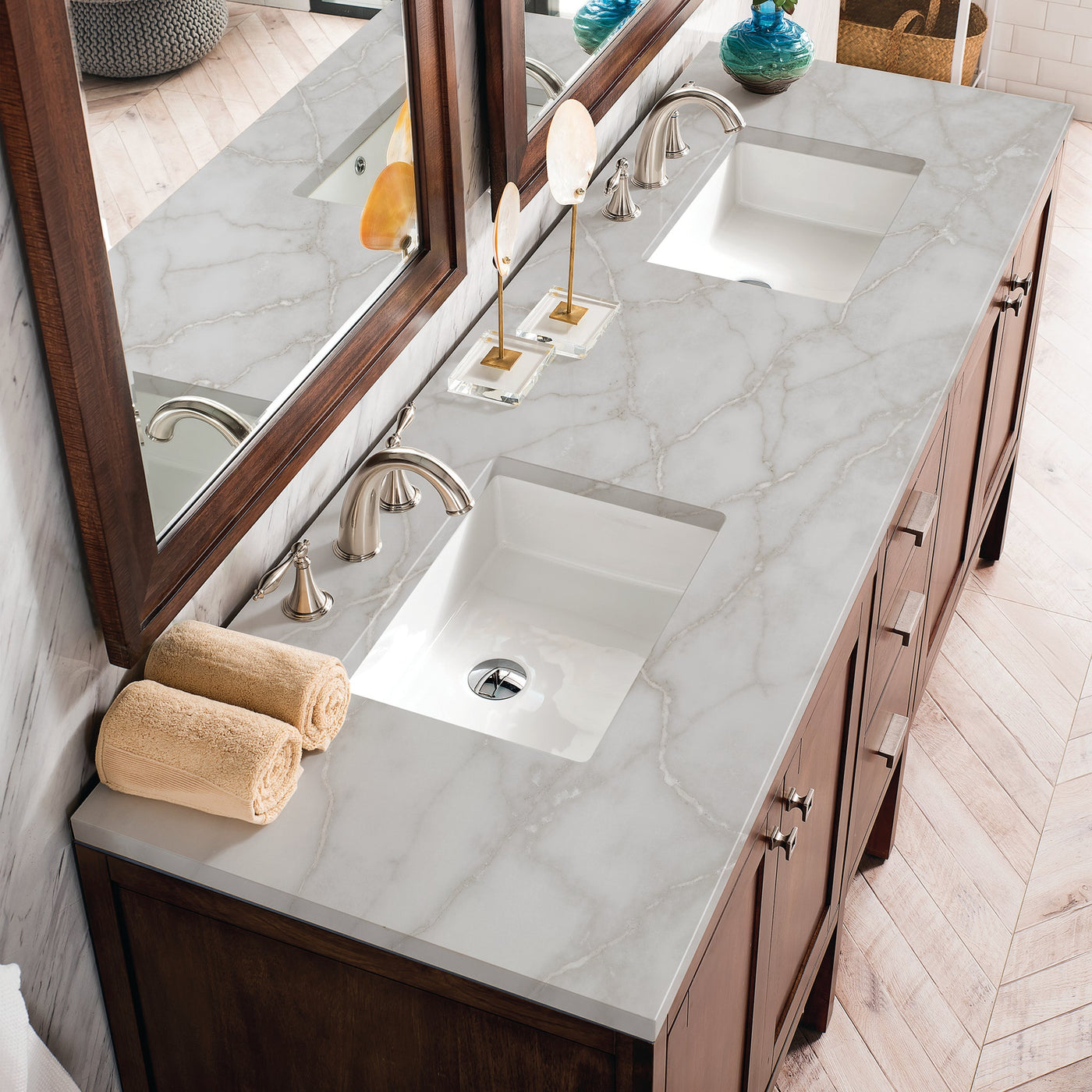 James Martin Addison 72" Double Bathroom Vanity, Mid-Century Acacia with Victorian Silver countertop