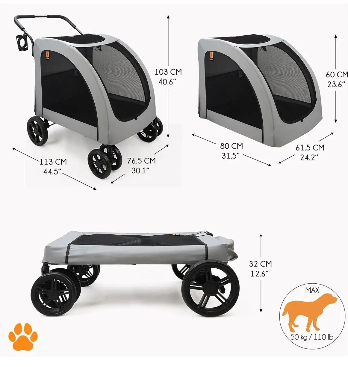 XXL Wide Pet Stroller Chester - Large Dog Buggy, pet Buggy, Spacious, Travel pet Pushchair, pet pram, Folding, incl. raincover, cupholder, La by Selzalot