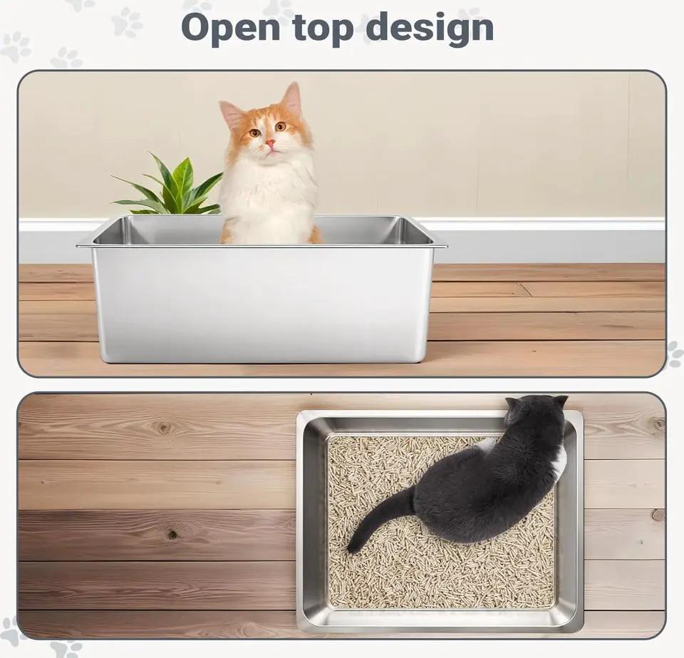 Open Box Kirecoo Stainless Steel Cat Litter Box XL- Metal High Sided Cat Pan, Large Stainless Steel Box, Indoor Litter Tray, Non Stick, No Smell, Easy by Selzalot