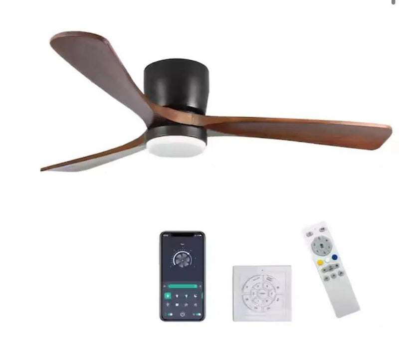 Open Box Sunpez 42 in. Indoor/Outdoor Black Modern Flush Mount LED Ceiling Fan with App, Wall and Remote Control Included by Selzalot