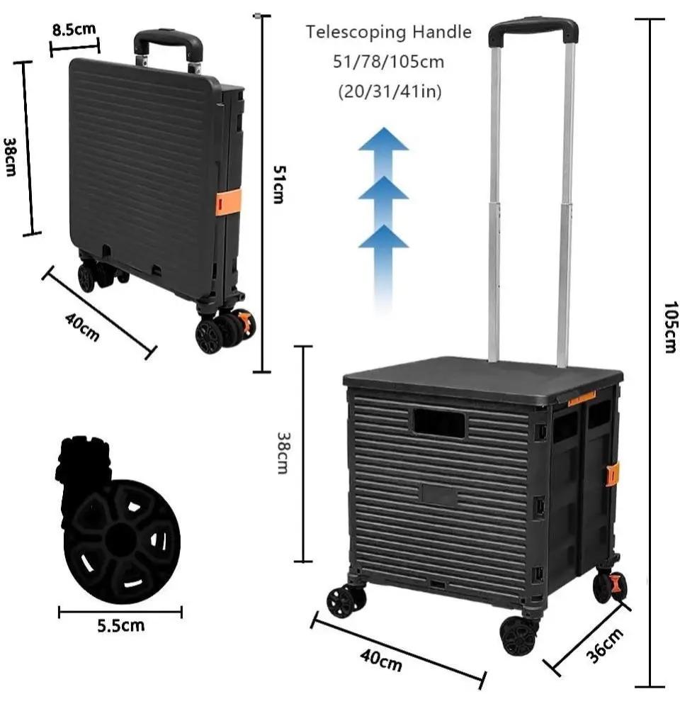 Open Box FELICON Foldable Utility Cart Folding Portable Rolling Crate Handcart with Durable Heavy Duty Plastic Telescoping Handle Collapsible 4 Rotate Wheels for Travel Shop Moving Luggage Office Use (Black) by Selzalot