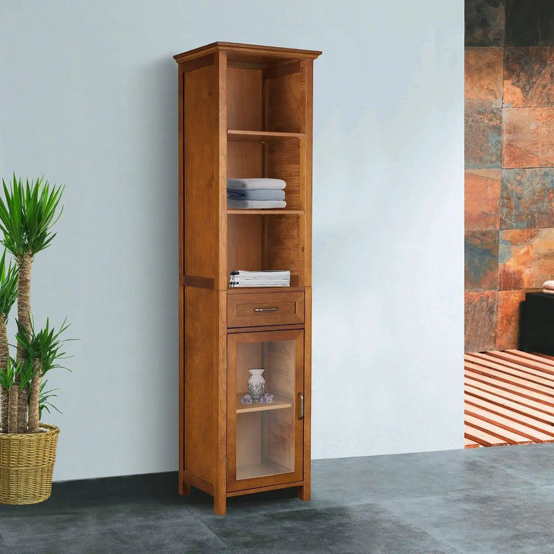 Oak Finish Bathroom Linen Tower Storage Cabinet with Shelves by HomePacific