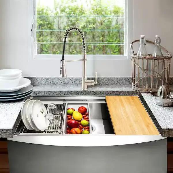 Open Box AKDY Handmade Farmhouse Apron Front 33 in. x 22 in. Single Bowl Stainless Steel Workstation Kitchen Sink with Accessories by Selzalot