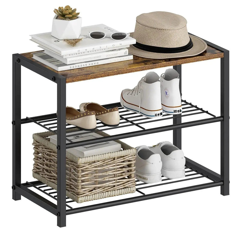 2-Shelf Entryway Shoe Rack Bench with Black Metal Frame and Brown Wood Top by HomePacific