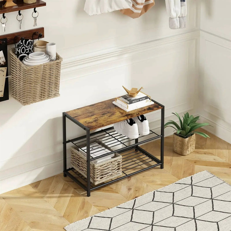 2-Shelf Entryway Shoe Rack Bench with Black Metal Frame and Brown Wood Top by HomePacific
