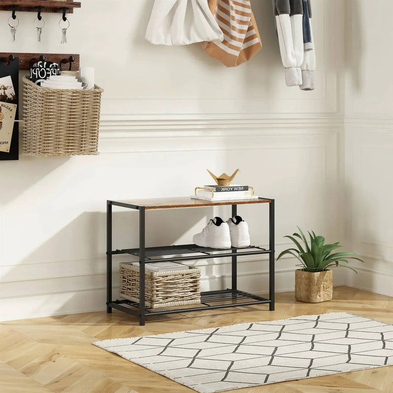 2-Shelf Entryway Shoe Rack Bench with Black Metal Frame and Brown Wood Top by HomePacific