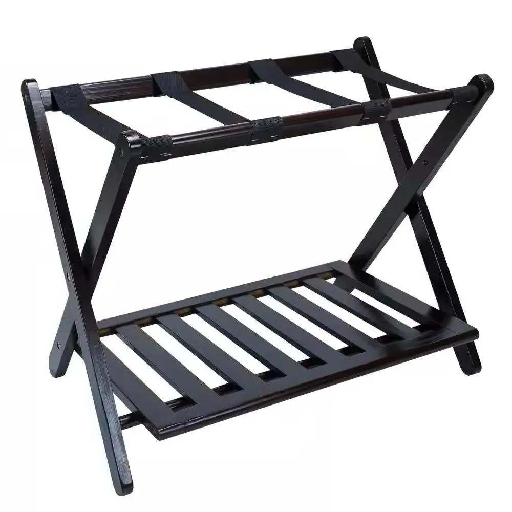 Heavy Duty Solid Wood Luggage Rack with Bottom Storage Shelf in Dark Brown by HomePacific