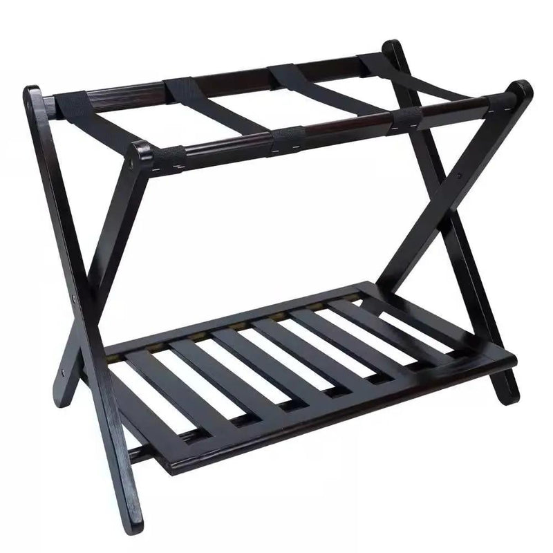 Heavy Duty Solid Wood Luggage Rack with Bottom Storage Shelf in Dark Brown by HomePacific