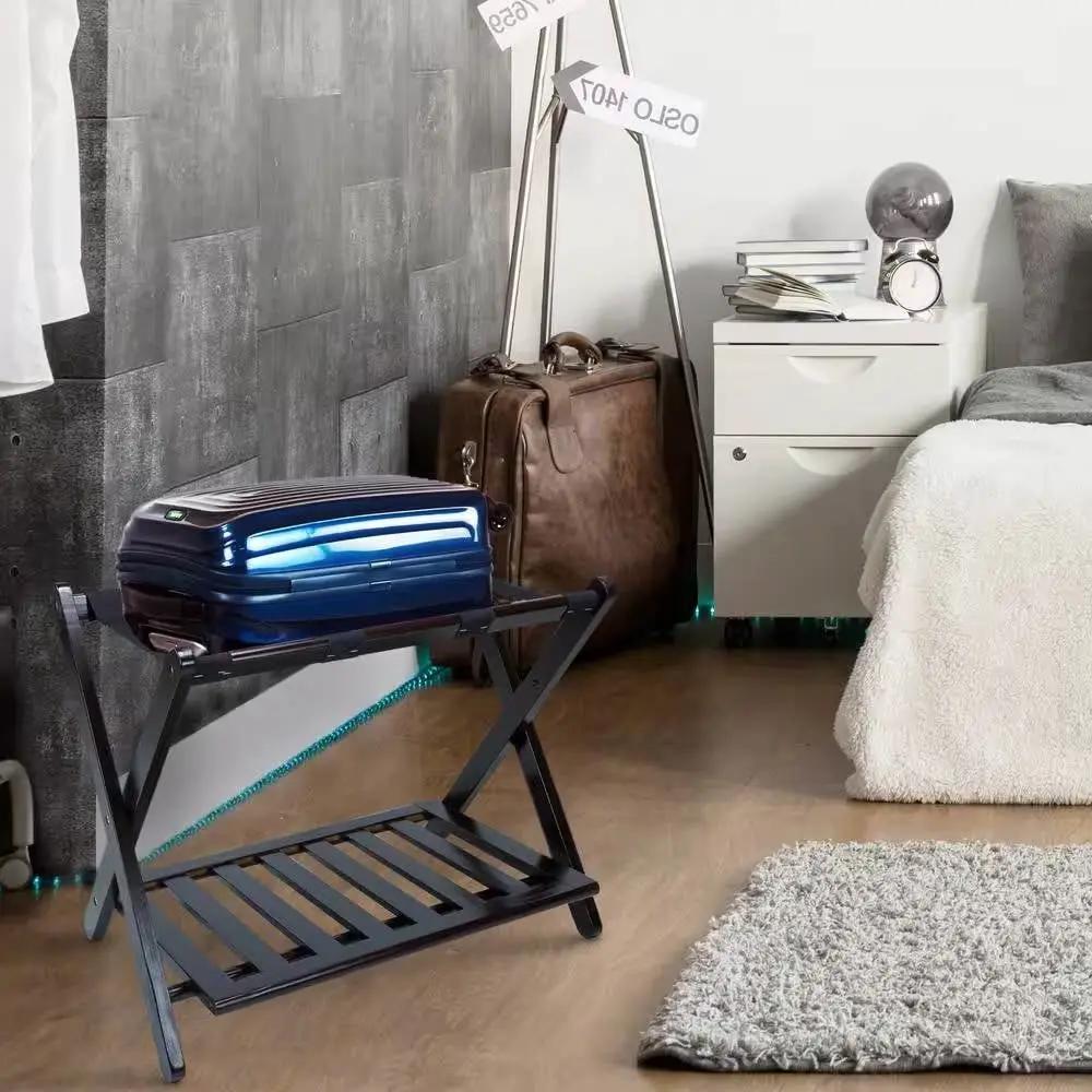 Heavy Duty Solid Wood Luggage Rack with Bottom Storage Shelf in Dark Brown by HomePacific