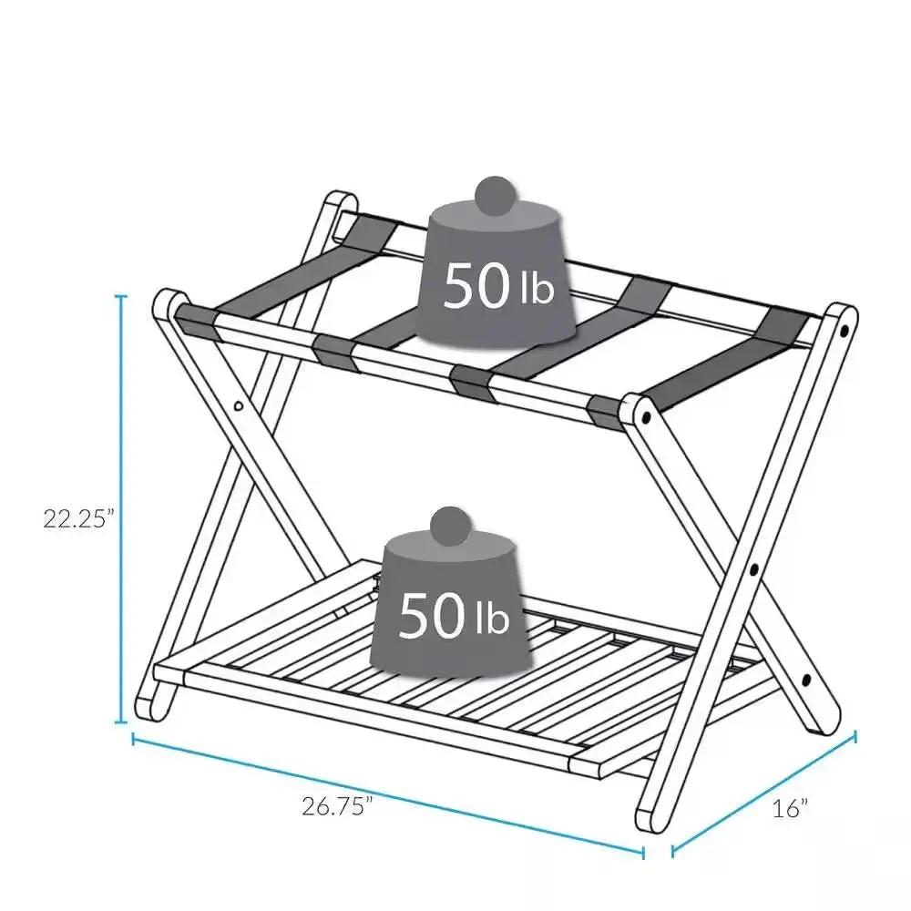 Heavy Duty Solid Wood Luggage Rack with Bottom Storage Shelf in Dark Brown by HomePacific