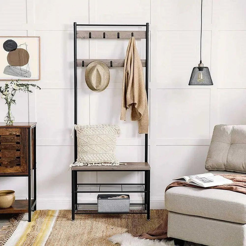 Modern Industrial Black Grey Entryway Coat Rack Shoe Bench with 2 Shelves by HomePacific