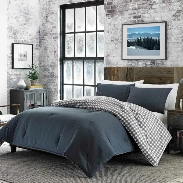 King size 100% Cotton Reverse Plaid Gray/White Comforter Set by HomePacific