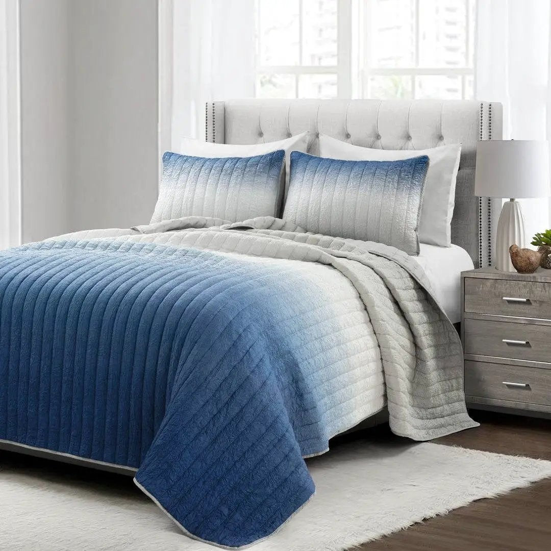 Full/Queen Navy Blue Grey Lightweight Wrinkle Fabric 3 Piece Quilt Set by HomePacific