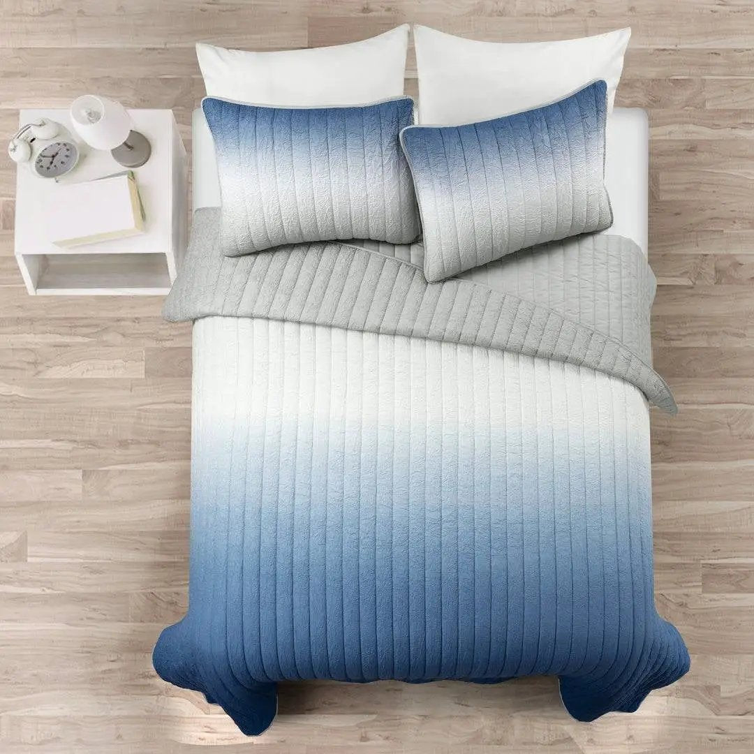 Full/Queen Navy Blue Grey Lightweight Wrinkle Fabric 3 Piece Quilt Set by HomePacific