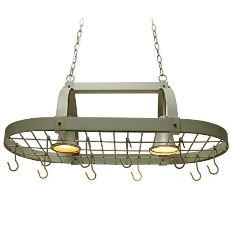 Rustic 2 Light 10 Hook Ceiling Mounted Hanging Pot Rack in Slate Gray by HomePacific