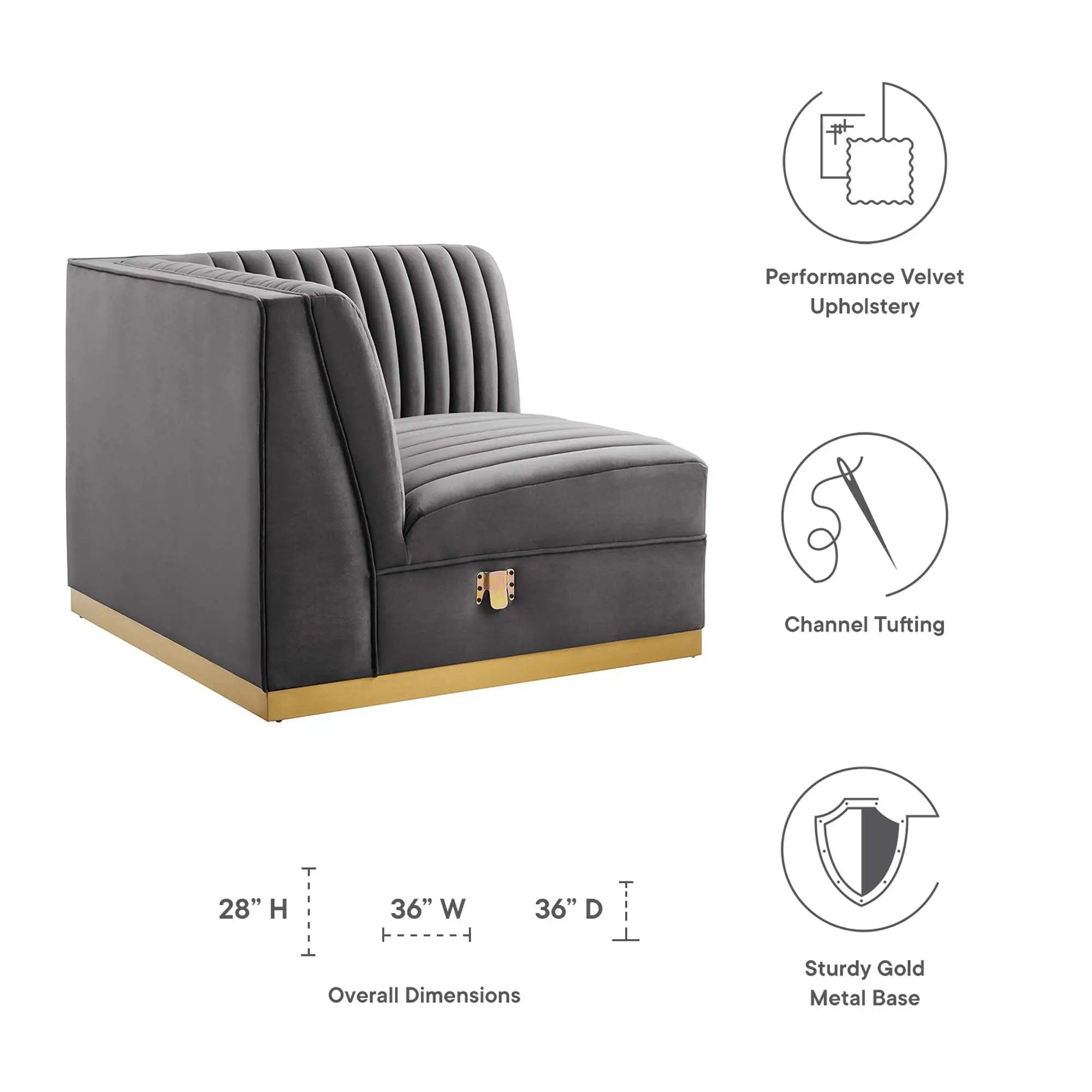 Sanguine Channel Tufted Performance Velvet Modular Sectional Sofa Right Corner Chair by HouseOfZazla