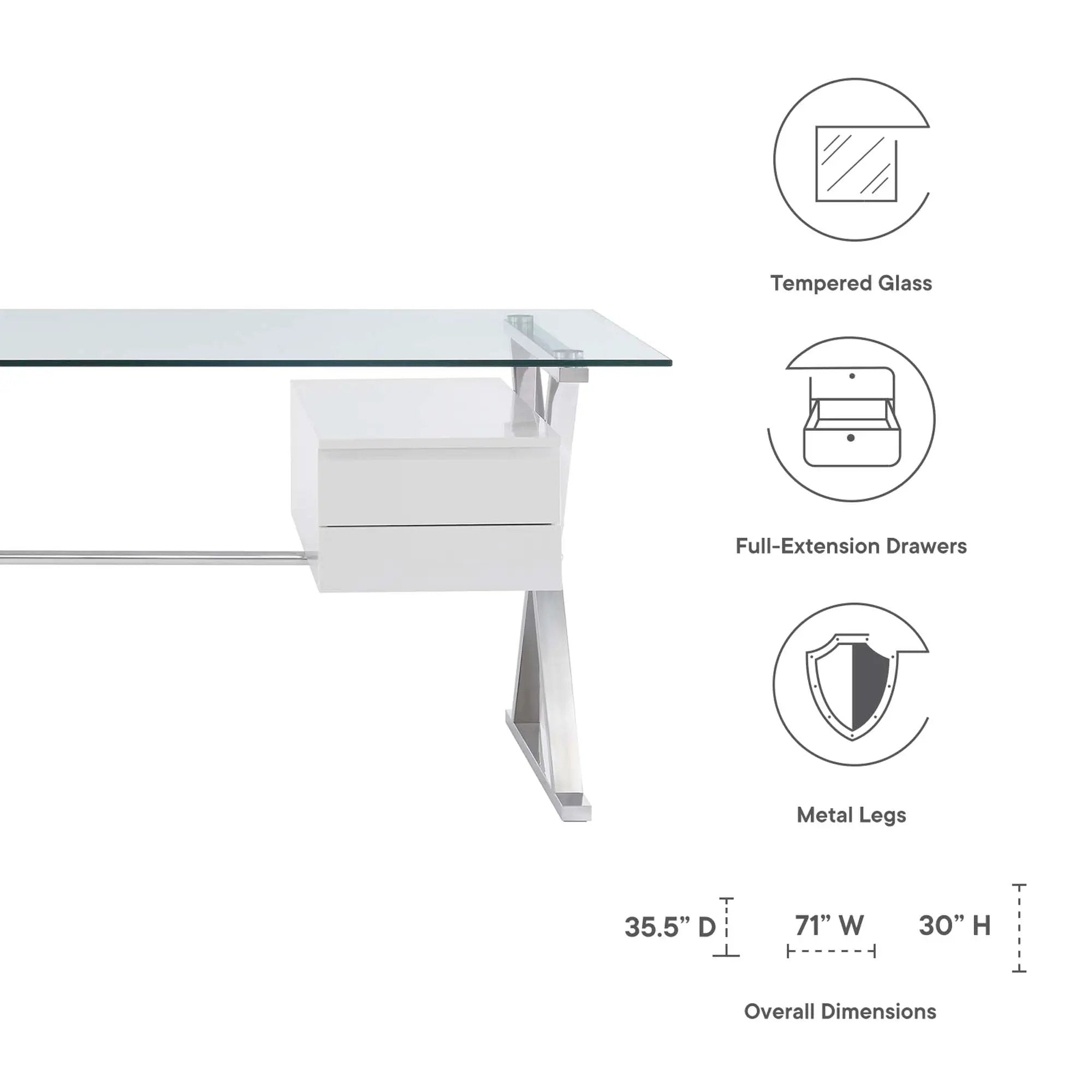 Sector 71" Glass Top Glass Office Desk by Modway by HouseOfZazla
