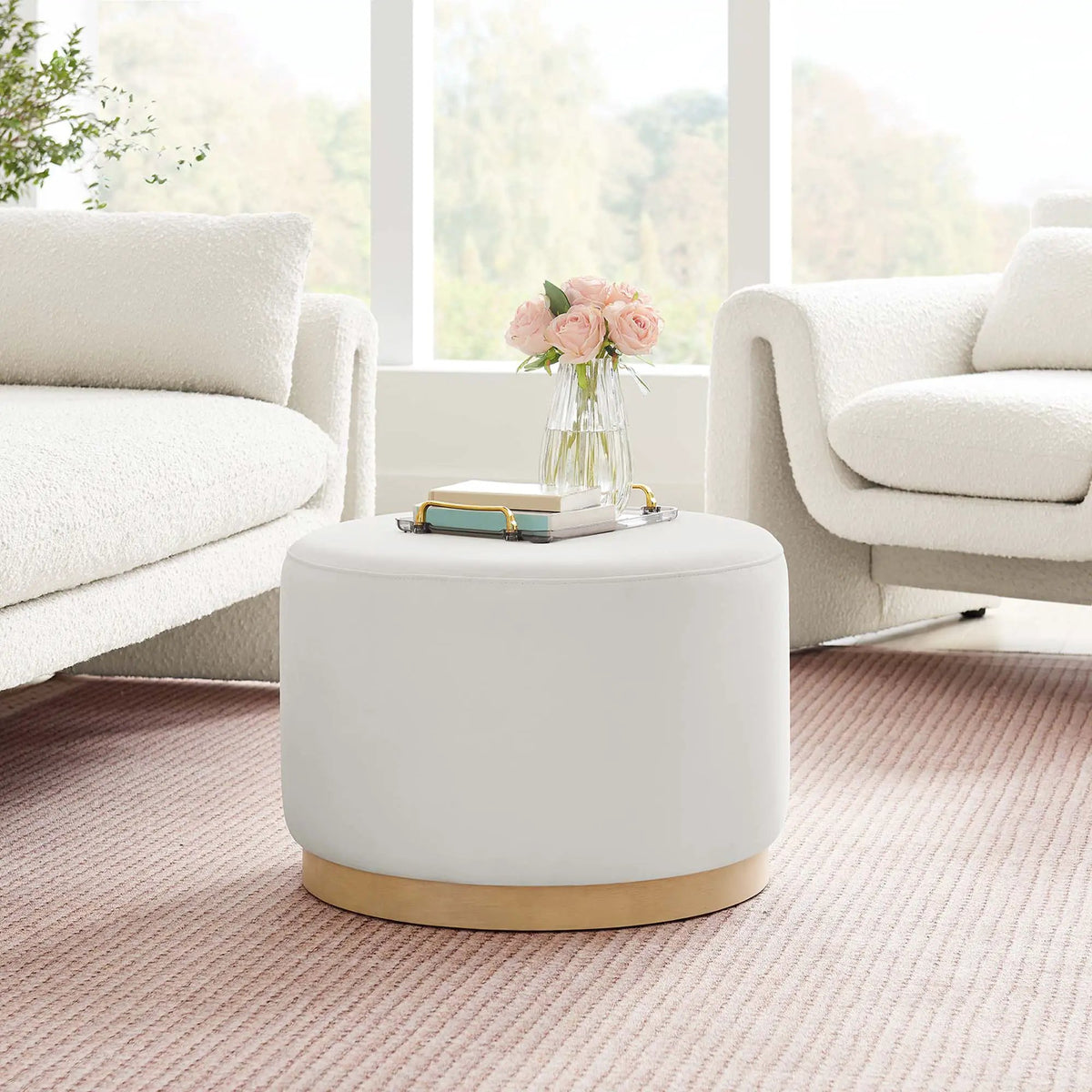 Tilden Large 23" Round Performance Velvet Upholstered Ottoman by HouseOfZazla