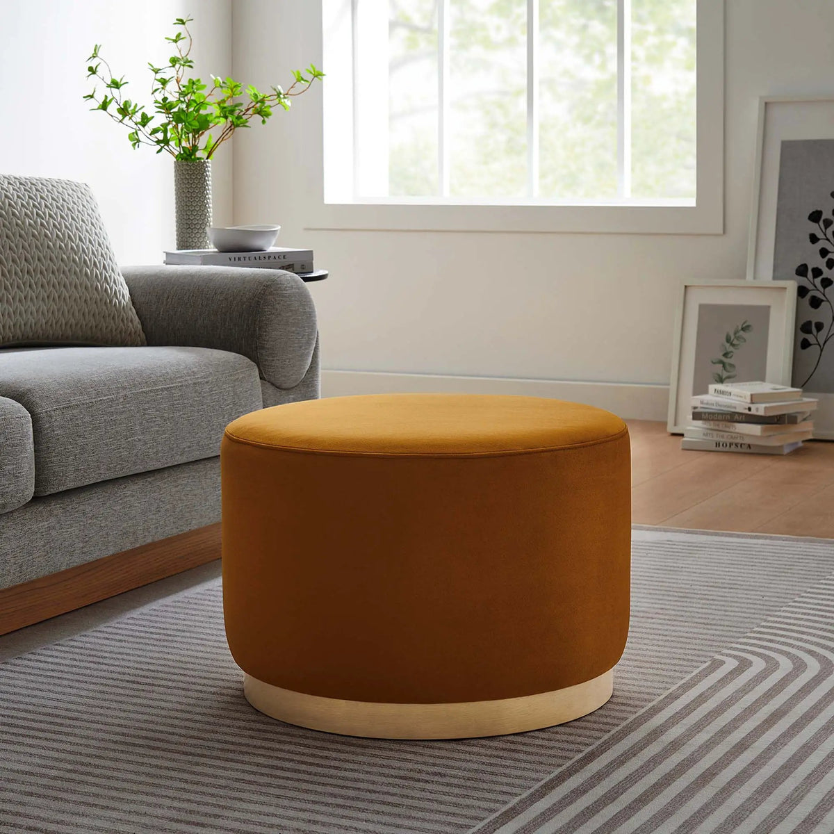 Tilden Large 23" Round Performance Velvet Upholstered Ottoman by HouseOfZazla