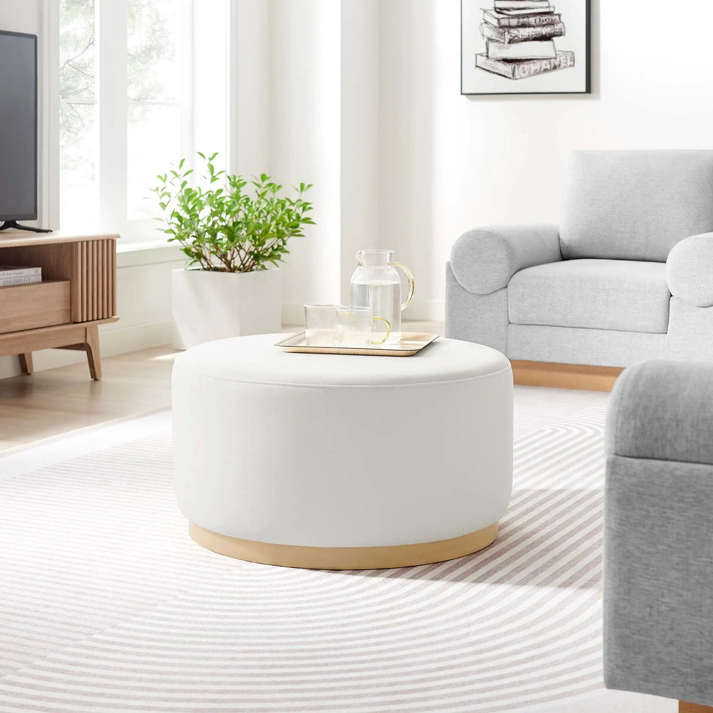 Tilden Large 29" Round Performance Velvet Upholstered Ottoman by HouseOfZazla