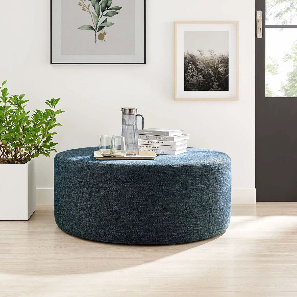Callum Large 38" Round Woven Heathered Fabric Upholstered Ottoman by HouseOfZazla