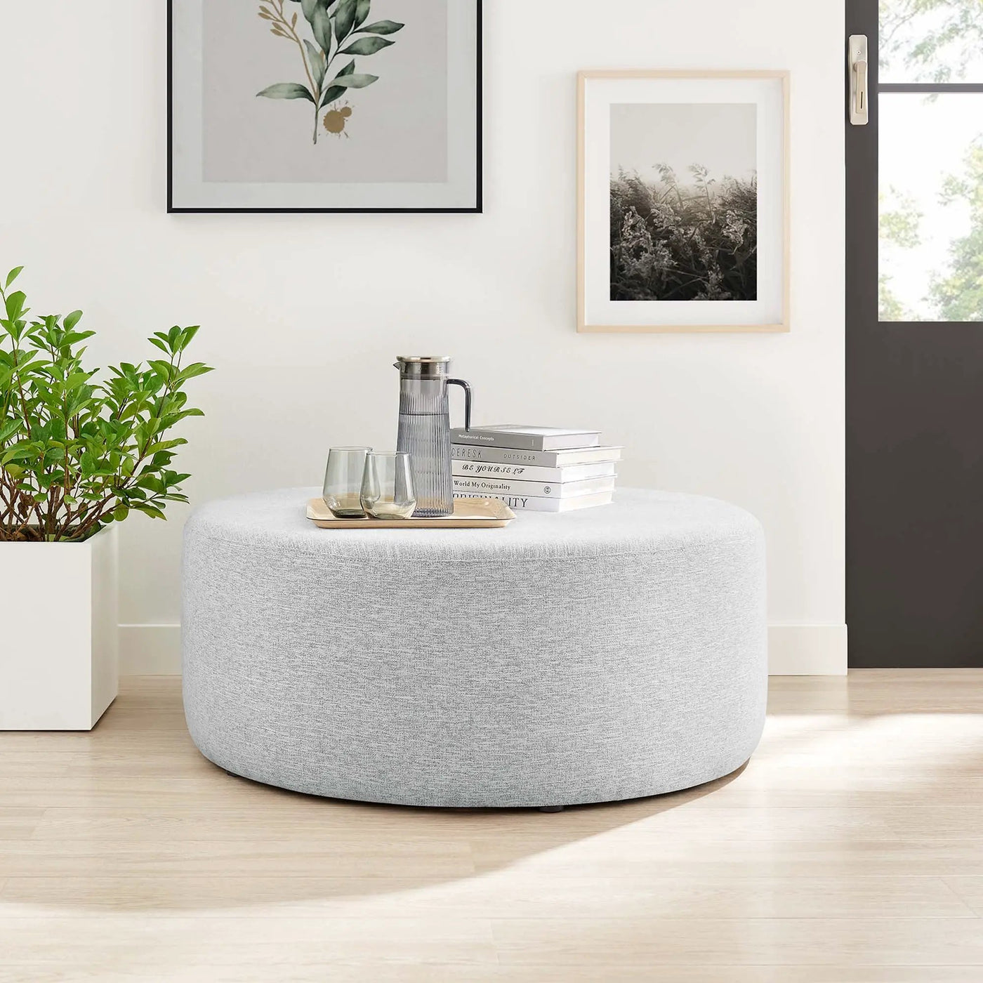 Callum Large 38" Round Woven Heathered Fabric Upholstered Ottoman by HouseOfZazla