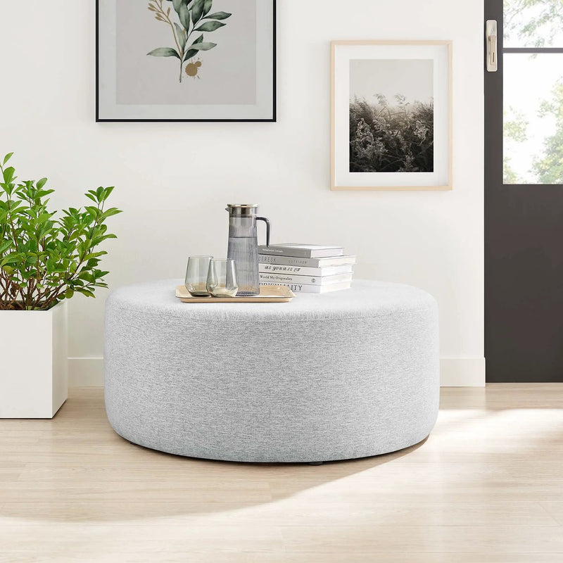 Callum Large 38" Round Woven Heathered Fabric Upholstered Ottoman by HouseOfZazla