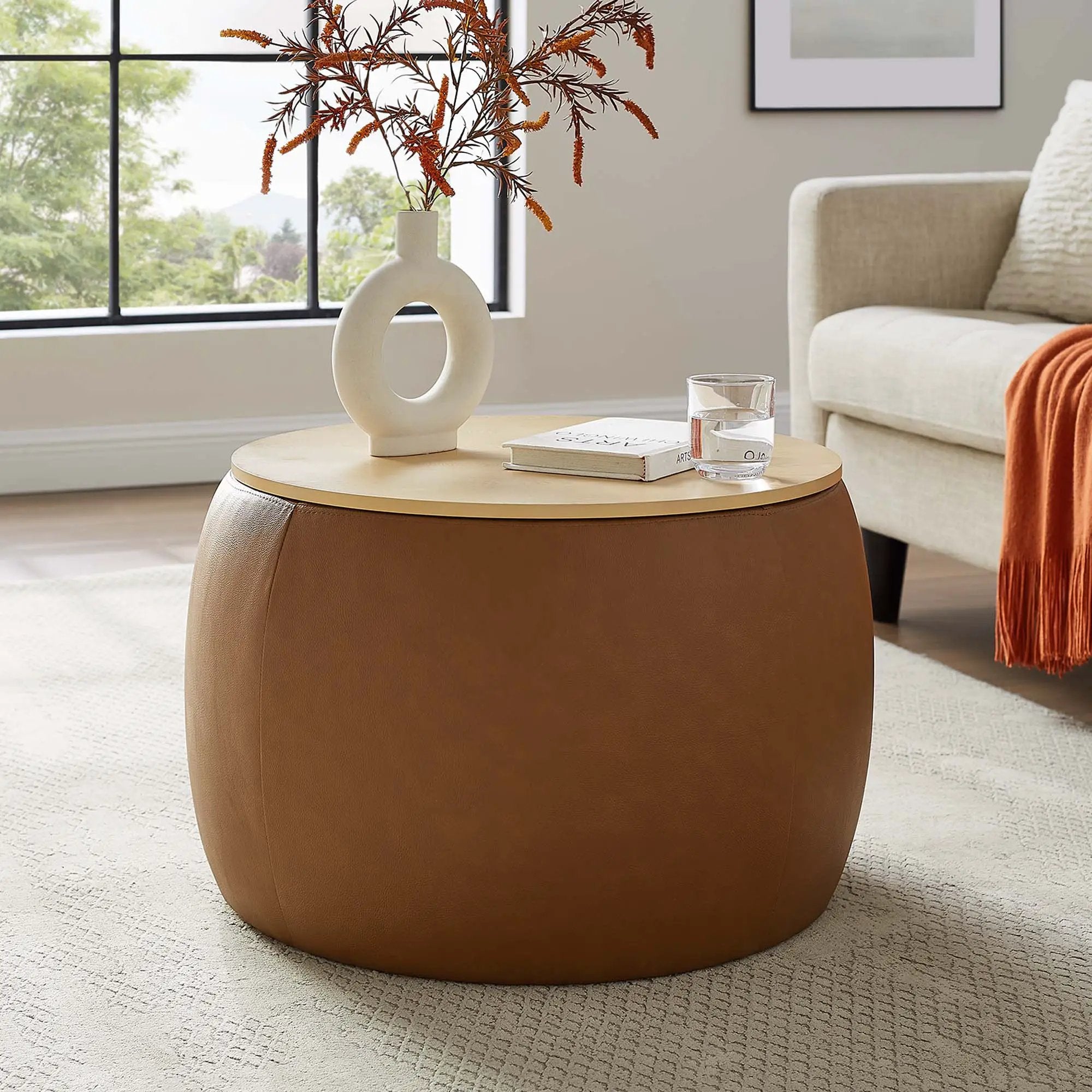 Perla Round Vegan Leather Storage Ottoman by HouseOfZazla