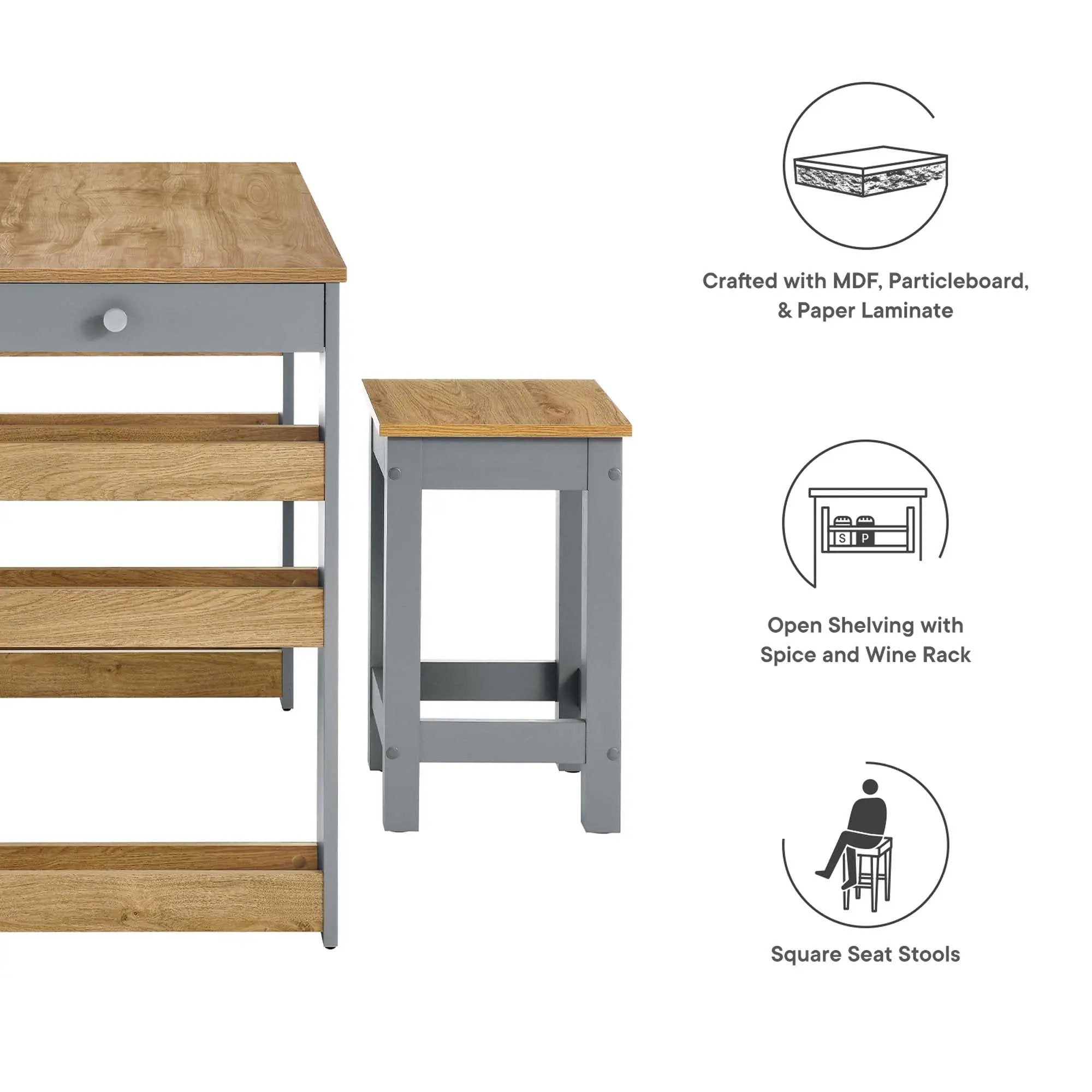 Galley 3-Piece Kitchen Island and Stool Set by Modway by HouseOfZazla