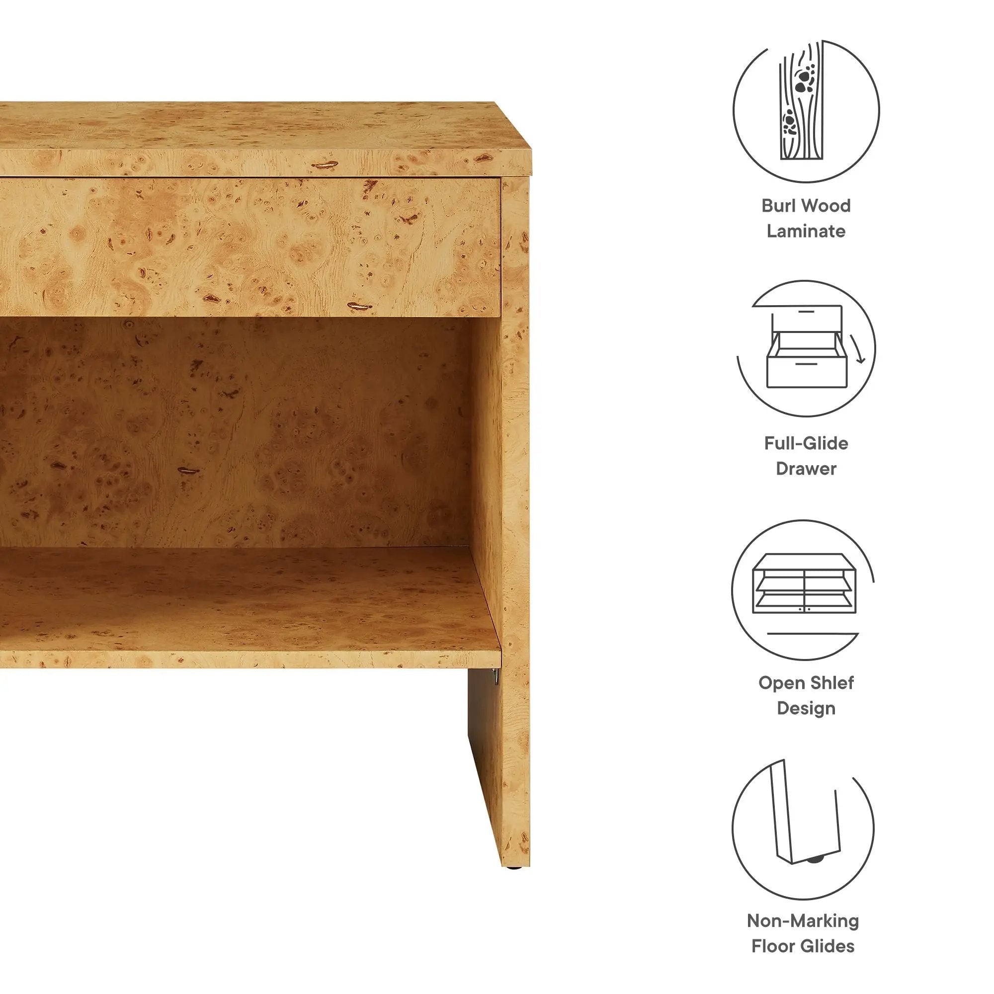 Hudson 1-Drawer Burl Wood Nightstand with Shelf by HouseOfZazla