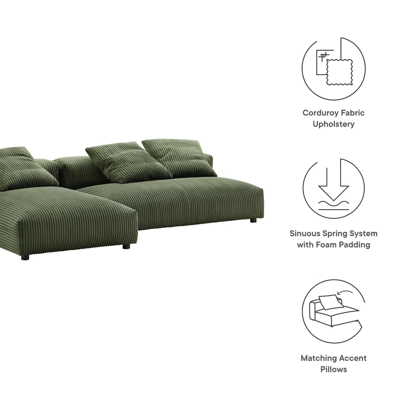 Solace 2-Piece Modular Corduroy Upholstered Sectional Sofa with Chaise by HouseOfZazla