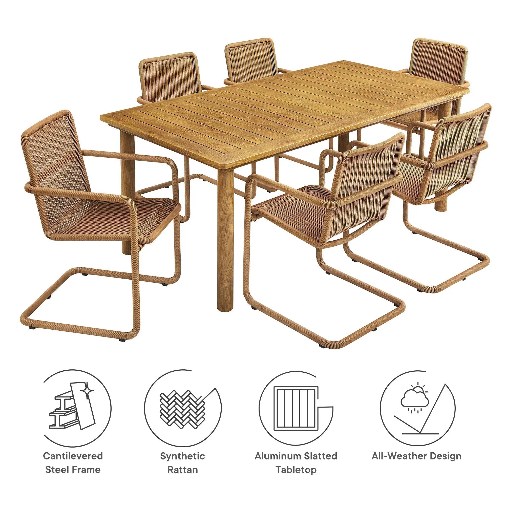 Abacus 7-Piece Rectangular Outdoor Patio Aluminum Dining Table Set with Rattan Armchairs by HouseOfZazla