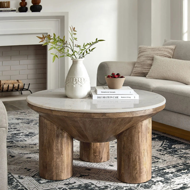 Ellison 33" Round Wood Coffee Table With Marble Top by HouseOfZazla