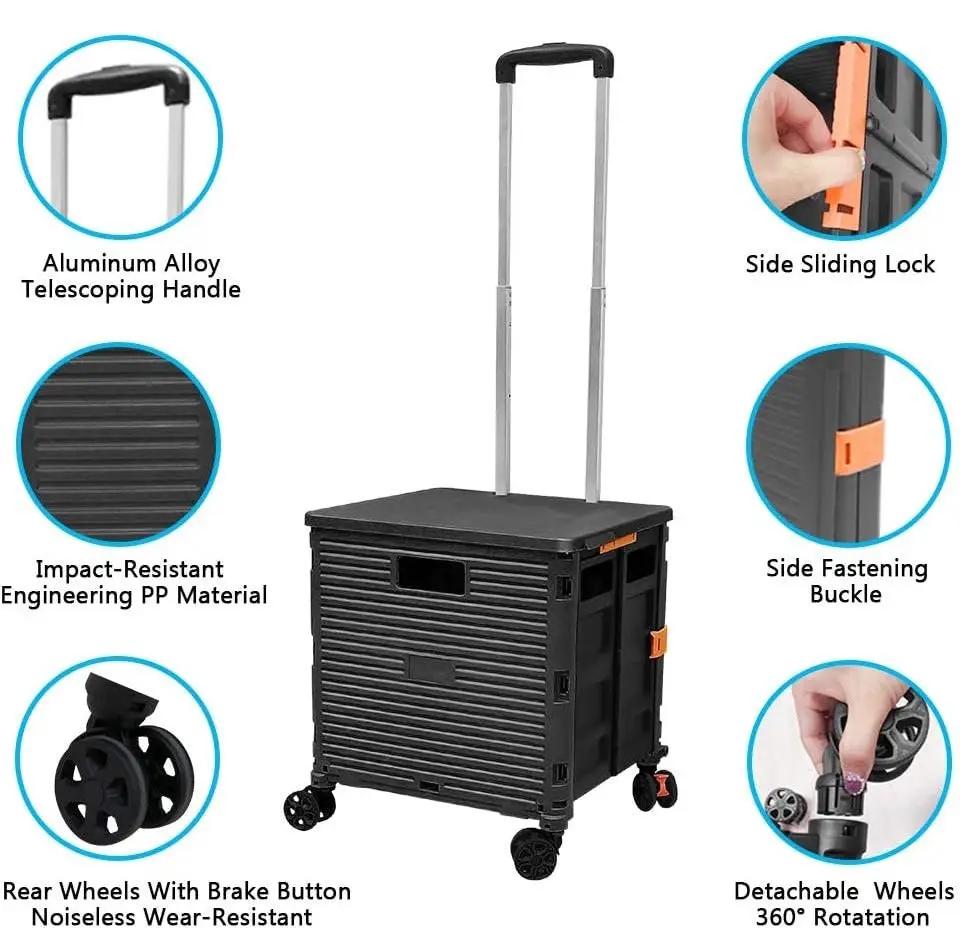 Open Box FELICON Foldable Utility Cart Folding Portable Rolling Crate Handcart with Durable Heavy Duty Plastic Telescoping Handle Collapsible 4 Rotate Wheels for Travel Shop Moving Luggage Office Use (Black) by Selzalot