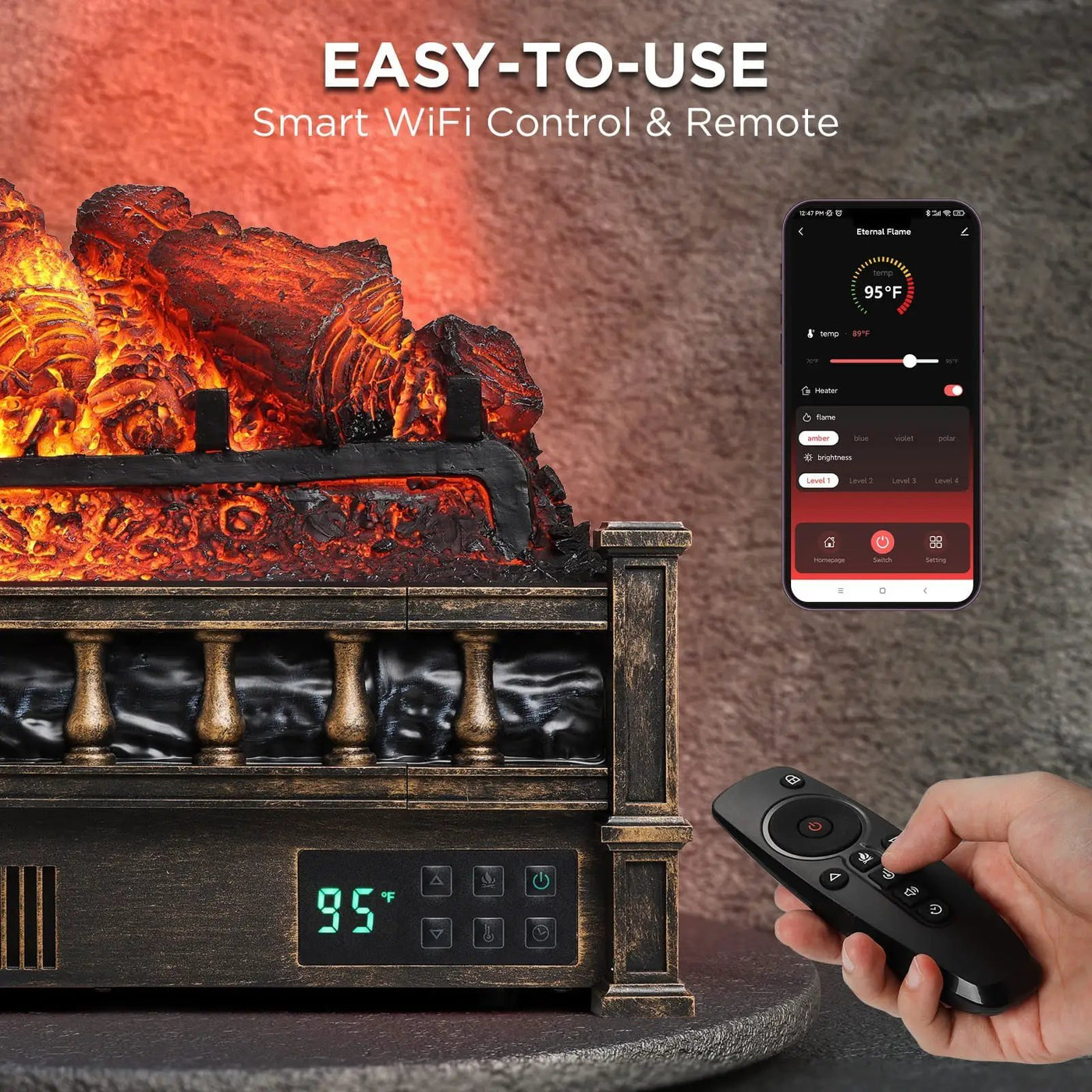 (Open Box) Eternal Flame EF26-PB Smart Electric Fireplace Logs, WiFi Enabled by TURBRO