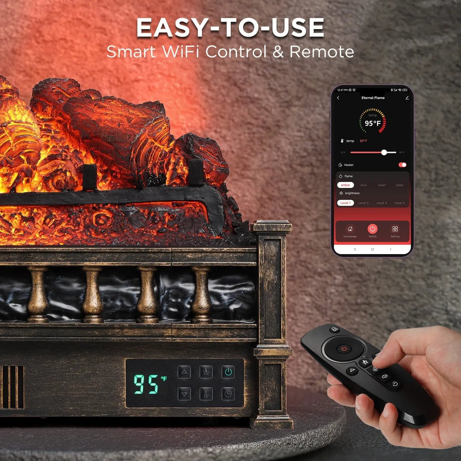 Eternal Flame EF26-PB Smart Electric Fireplace Logs, WiFi Enabled by TURBRO