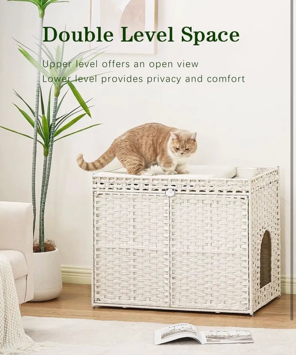 Brand New SETVSON Cat Litter Box Enclosure Furniture, Handwoven Rattan Hidden Litter Box with Mat, Large Space Cat House with 2 S-Shaped Hooks 30.3 x 18.3 x 24.4 Inches, Indoor for Living Room Apartment White PABLO by Selzalot
