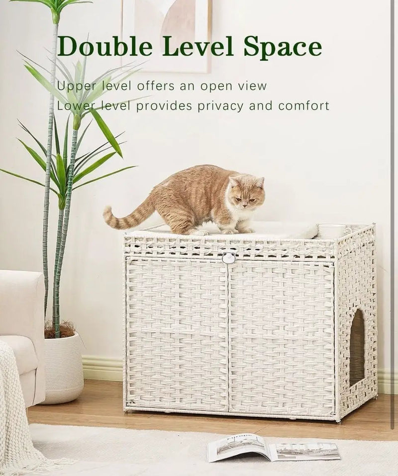 Brand New SETVSON Cat Litter Box Enclosure Furniture, Handwoven Rattan Hidden Litter Box with Mat, Large Space Cat House with 2 S-Shaped Hooks 30.3 x 18.3 x 24.4 Inches, Indoor for Living Room Apartment White PABLO by Selzalot