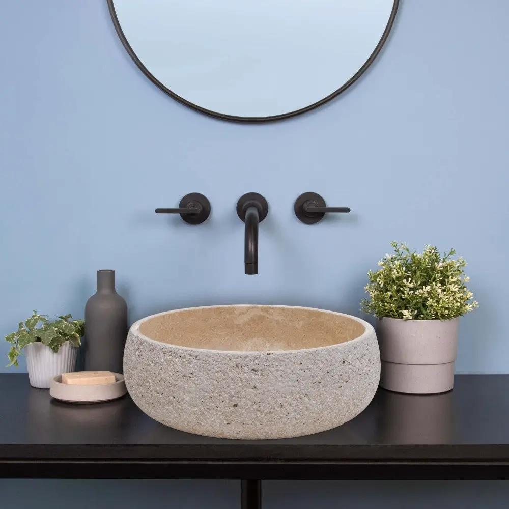 Light Beige Travertine Vessel Bathroom Sink - Polished 16 Inch by GobekDesign