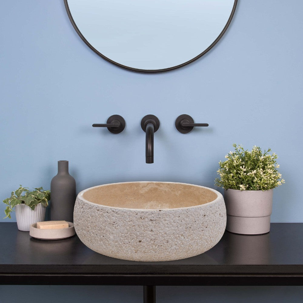 Light Beige Travertine Vessel Bathroom Sink Polished Inside and Sandblasted Outside (D)16" (H)6" by GobekDesign