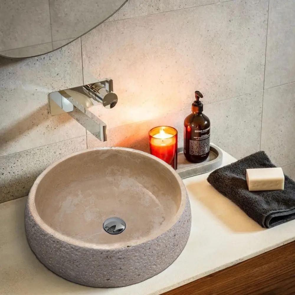 Light Beige Travertine Vessel Bathroom Sink - Polished 16 Inch by GobekDesign