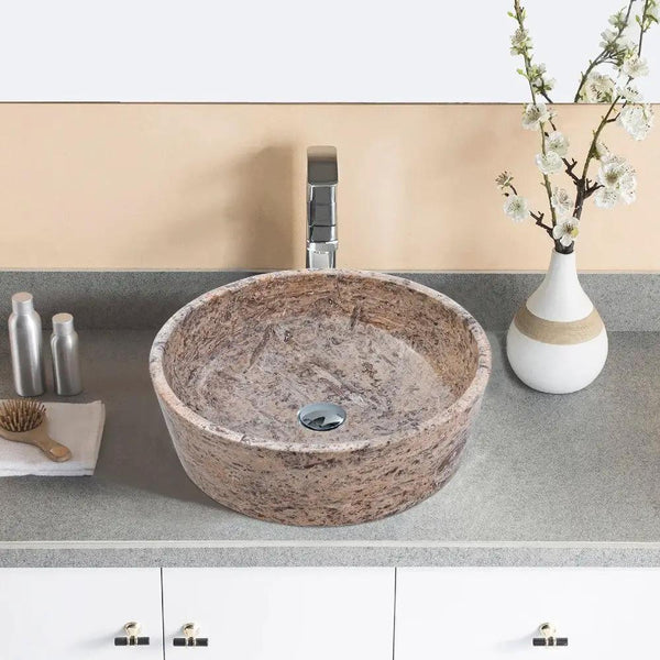 Silver Latte Travertine Handcrafted Natural Stone Round Vessel Sink - 16x5 Polished