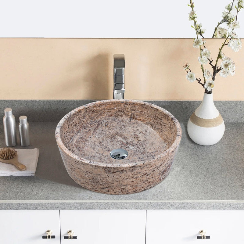 Silver Latte Travertine Natural Stone Vessel Sink Filled and Polished (D)16" (H)5" by GobekDesign