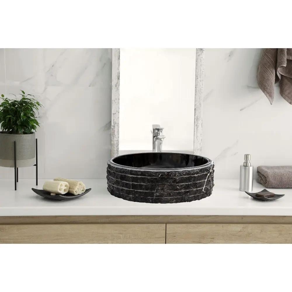 Black Marble Handcrafted Vessel Sink Bowl Polished Interior Combed Exterior 16x5 by GobekDesign