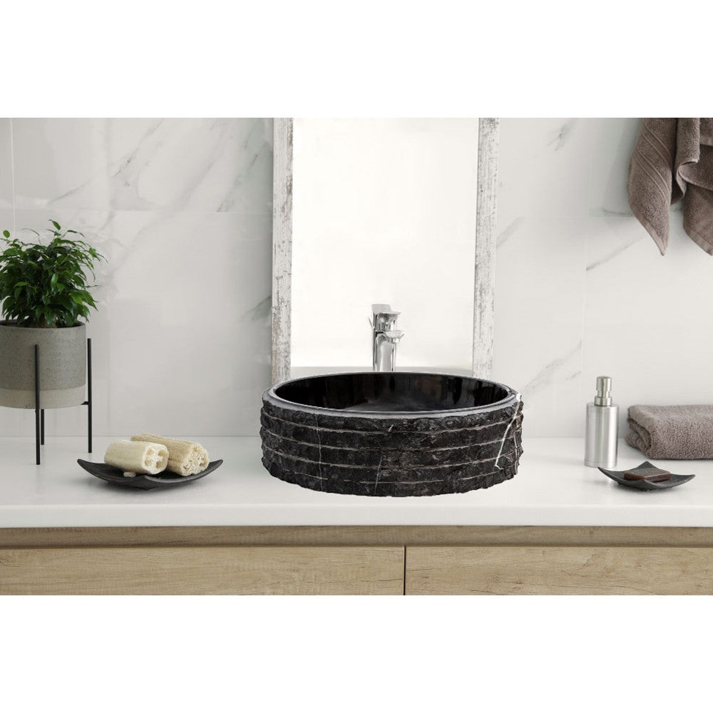 Toros Black Marble Vessel Bathroom Sink Bowl Polished Interior and Combed/Rough Exterior (D)16" (H)5" by GobekDesign