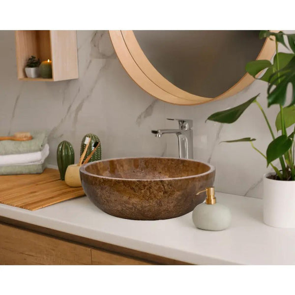 Noce Brown Travertine Undermount Circular Vessel Sink 16x6 Inch Polished and Filled