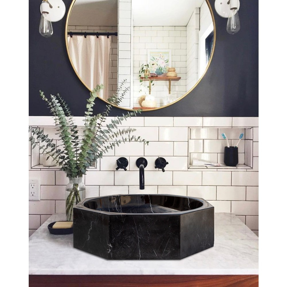 Toros Black Marble Octagon Vessel Sink Bowl Polished (D)16" (H)5" by GobekDesign